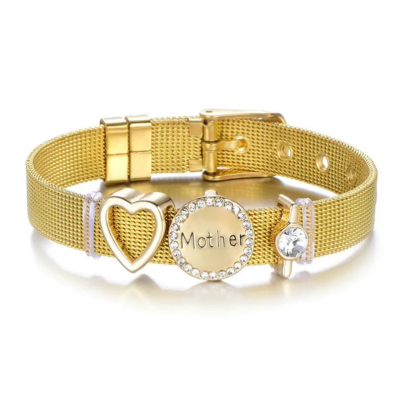 Gold Color Высококачественный сетчатый Браслет из нержавеющей стали, очаровательный брендовый браслет с кристаллами для мамы, для женщины, жена мать, подарок на день - Окраска металла: Gold Color