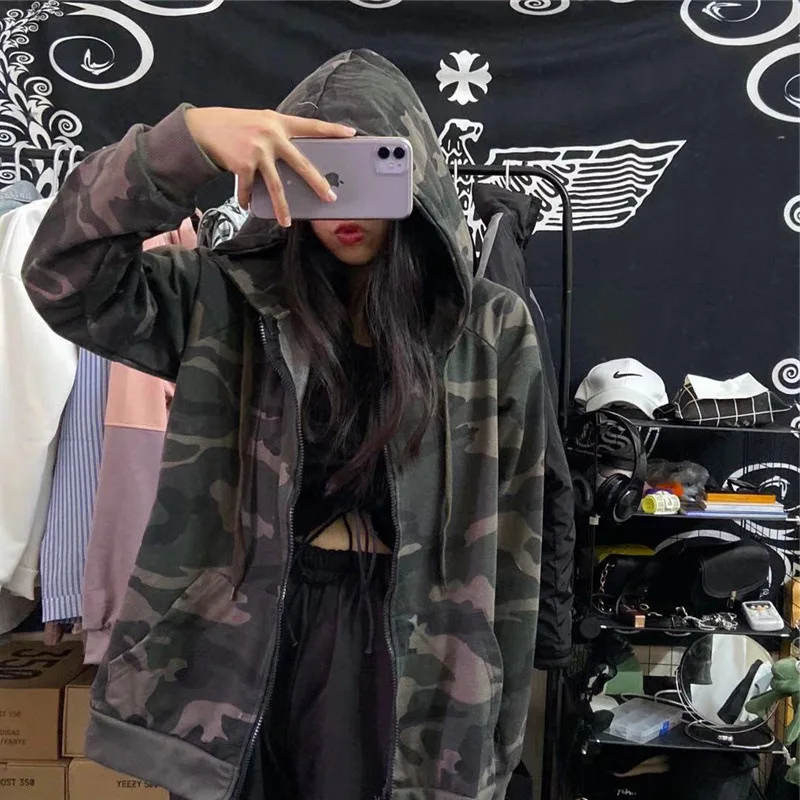 

Camouflage Hoodies Women Y2K Harajuku Zip-Up Oversized Hoodie Sweatshirts Autumn Long Sleeve Hooded Coat Goth Grunge Clothes