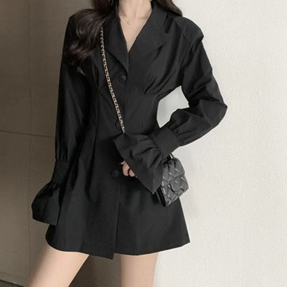 

2021 Women's Autumn New Dress Casual Simple Fashion Commuter Style Solid Color Lapel Waist Slimming Bag Hip Slim Mini Dresses