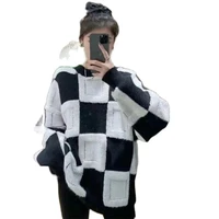 2021 autumn winter new net celebrity explosion models hit color thick knit stitching plaid lazy style female sweater tide