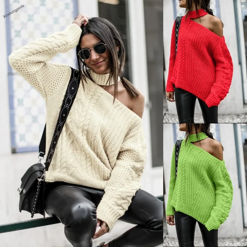 

Turtleneck Sexy One Shoulder Sweater Women Pullover Long Sleeve Autumn Winter Warm Thick Sweater Jumpers Knit Ladies Sweaters