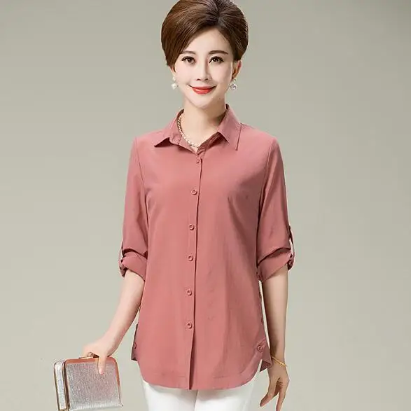 Новинка 2020 весна-осень женские рубашки среднего возраста чистый цвет топы с