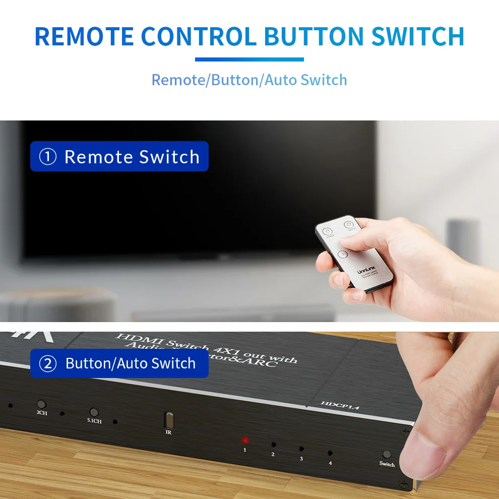 HDMI Matrix 4k 60Hz 2.0 Switcher Splitter 4 IN 1 OUT SPDIF +3.5mm Audio Extractor & ARC HDR HDCP 2.2 With IR Remote Adapter |