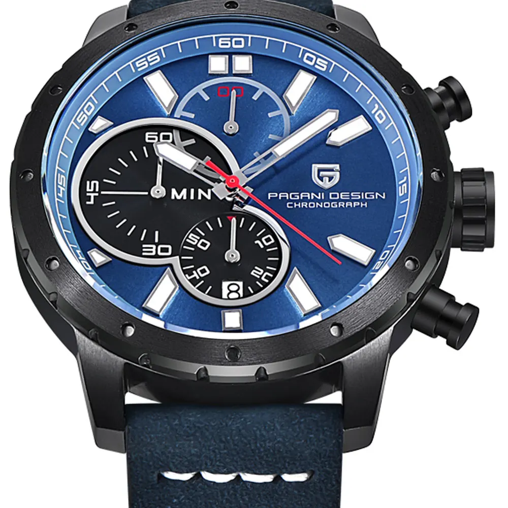 Мужские часы Pagani дизайнерские кварцевые с синим циферблатом 46 мм хронографом и