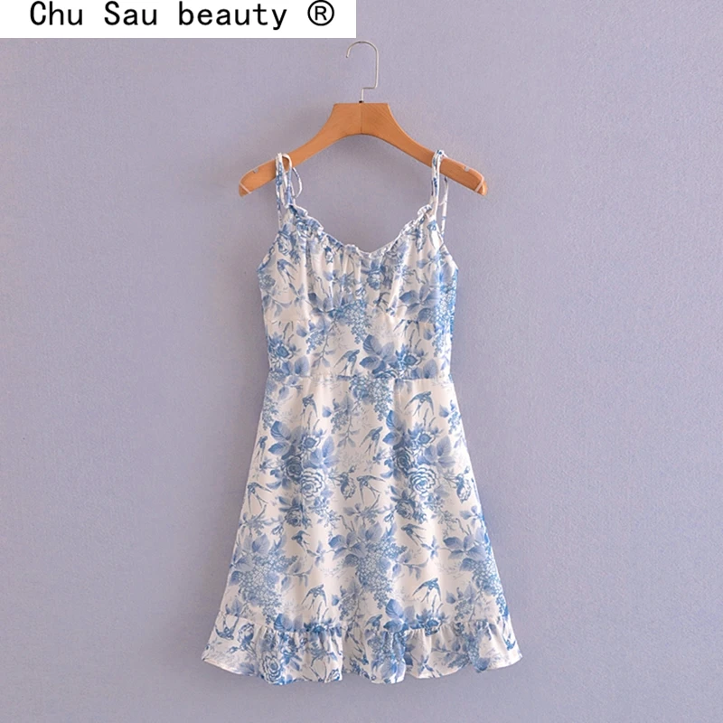 

New Fashion Sweet Chic Blue Floral Printed Chiffon Sling Mini Dress Women Sexy Style Backless Sleeveless Dresses Female