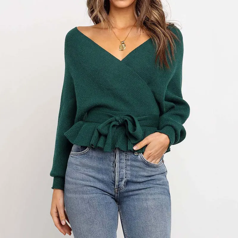 Женский вязаный свитер без спинки с v-образным вырезом и открытыми плечами на