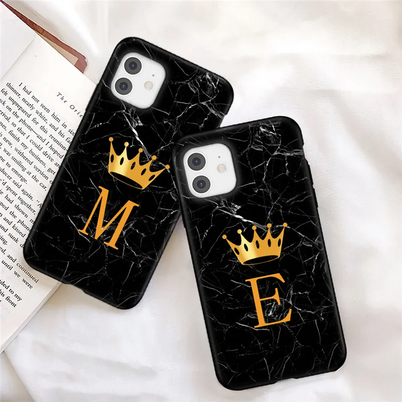 Soft Silicone Black Marble Crown Letter Fashion Phone Case For iPhone 11 12 Pro Max 12 Mini Shockproof Case Soft TPU Back Cover