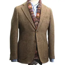 Blazer à chevrons en Tweed marron pour hommes, costume à revers crissé, simple boutonnage, tenue formelle d'affaires, de bal, Tuxedos à motifs, de mariage  (2)