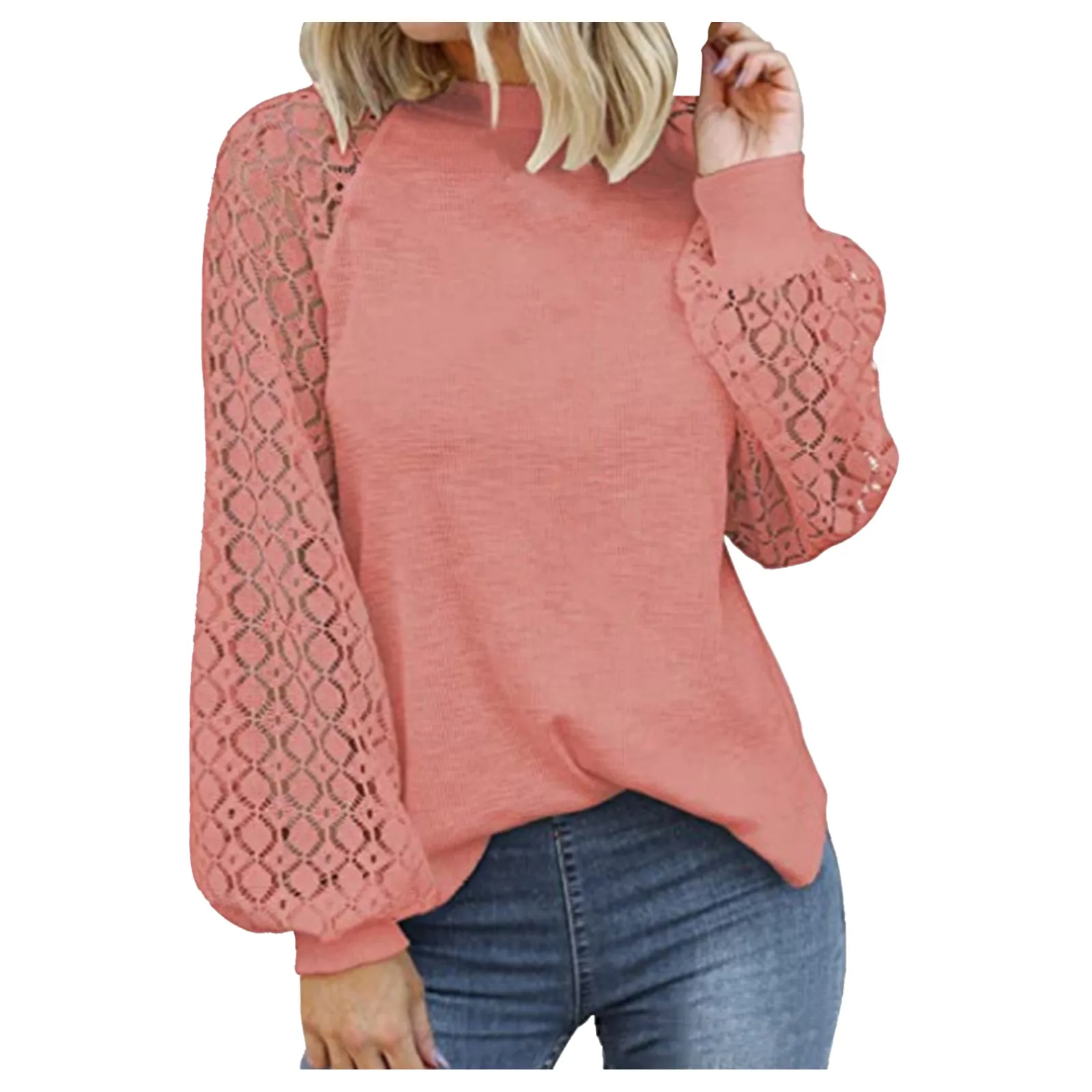 Женская Однотонная футболка с кружевом Повседневная Свободная длинным рукавом и