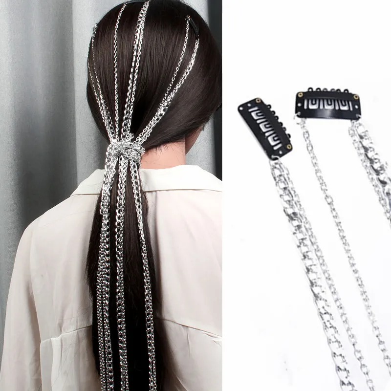 

2 Styles Silver Personality Metal Chain Fashion BB Clip Cool Hair Accessories Headdress Head Wig Women