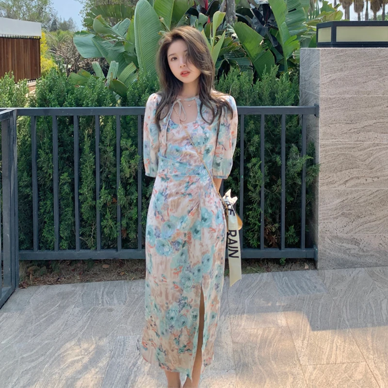 

Summer Elegant Women's Chiffon Floral Dress Holiday Half Sleeve Split Design Mixi Dress 2021 Female Vestidos