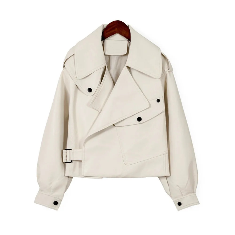 

New Women Faux Leather Jacket Soft Loose Vintage Biker Coat Short Pockets Motor PU Black Jacket Autumn Street Leather Coat White