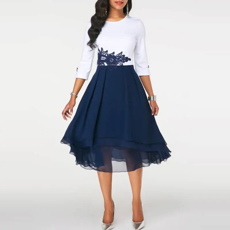 Navy MISSJOY/вечерние платья для женщин, осень, большие размеры, круглый вырез, кружево, пэчворк, офисная работа, элегантная трапециевидная Женская одежда, Vestidos S-5XL - Цвет: Navy