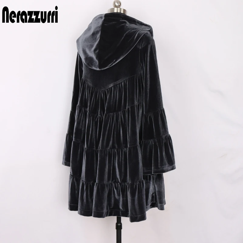 

Nerazzurri Oversized velvet trench coat for women with hood flare long sleeve Spring loose clothes for women 2021 women fashion