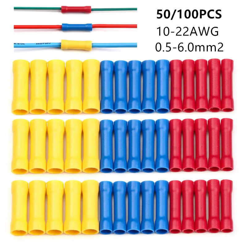 

10/50/100pcs Assorted Insulated Crimp Terminals Electrical Wire Cable Butt Connectors Crimping Terminal BV1.25 BV2.5 BV5.5