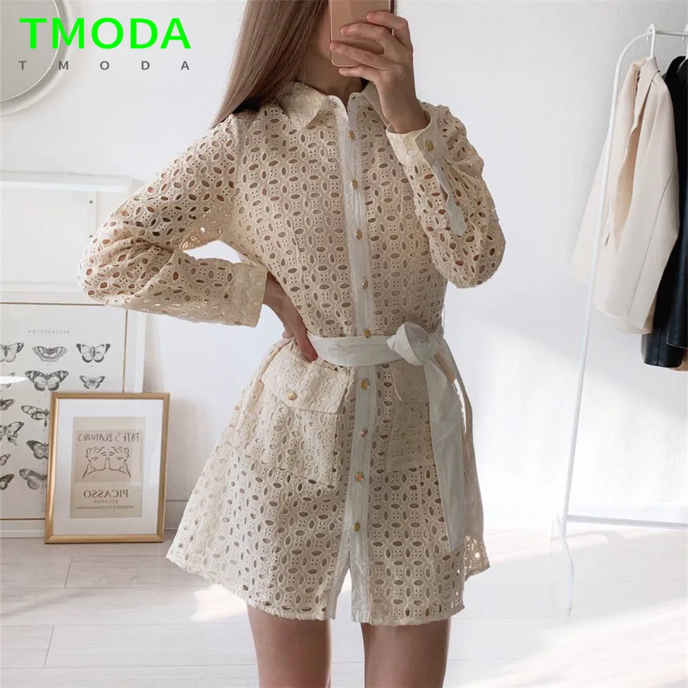 Женское кружевное мини-платье с поясом длинным рукавом и пуговицами - купить по