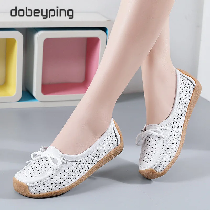 New Autumn Women's Shoes Real Leather Woman Shoe Lace-Up Female Loafers Cutout Ladies Ballet Flats Moccasins Walking Footwear