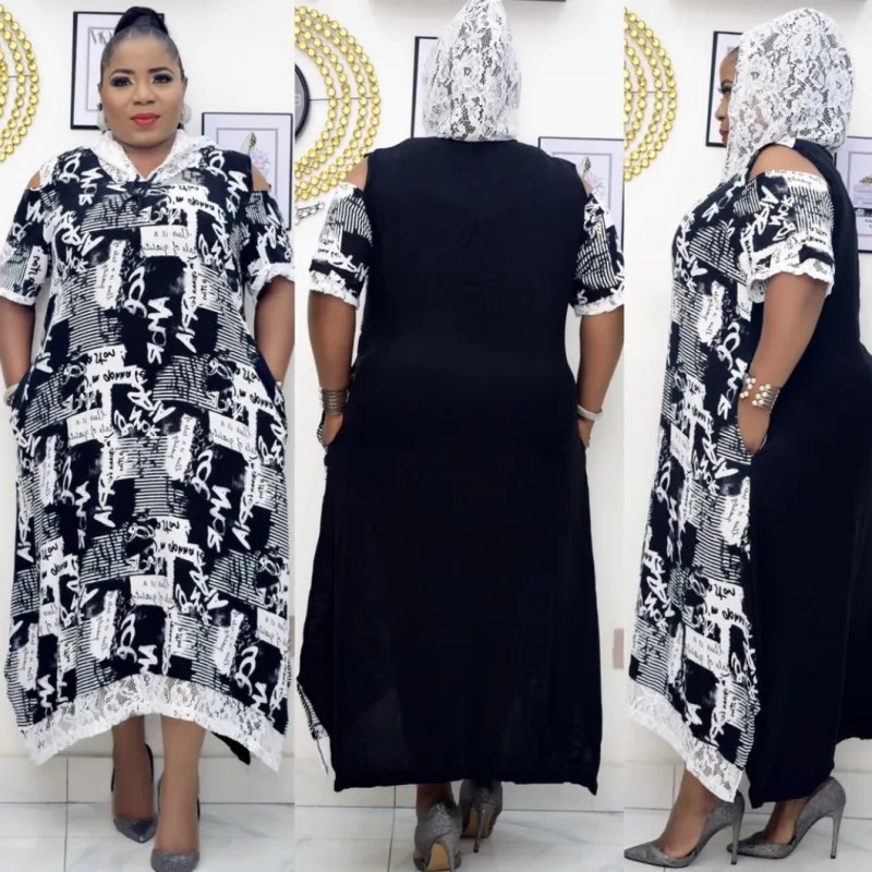 

African T Shirt Dresses For Women Lace Hooded Short Sleeve Hollow Robes 2021 New Splice Street Style Casual African Dress Boubou