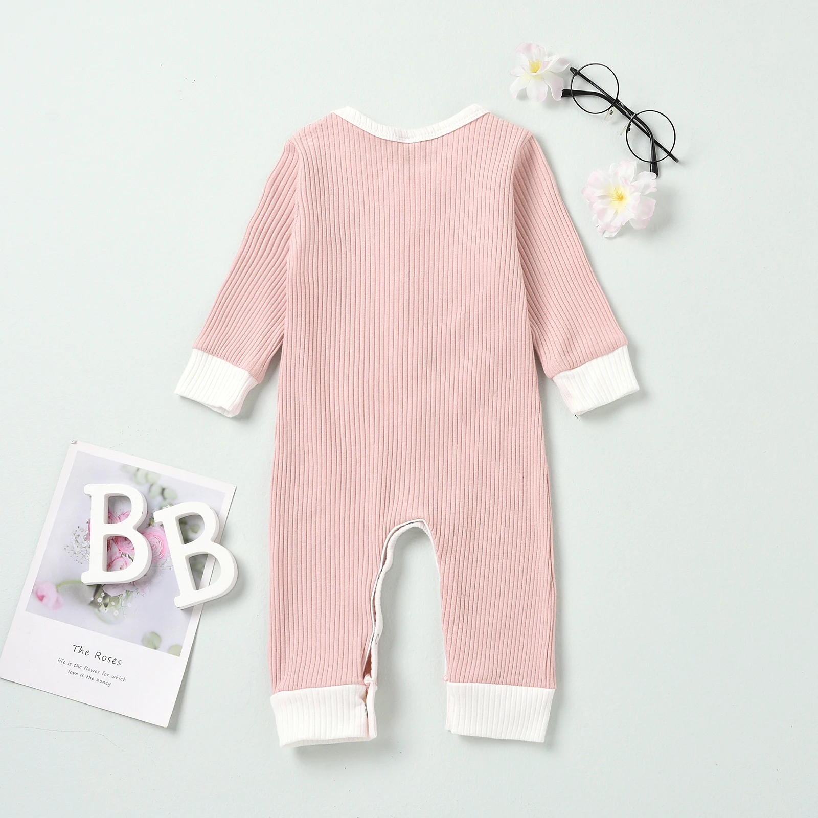 

Baby Newborn Girls Boys Ribbed Romper Long Sleeve O Neck Patchwork Cotton Infant Toddler Cotton Button Rompers Jumpsuits