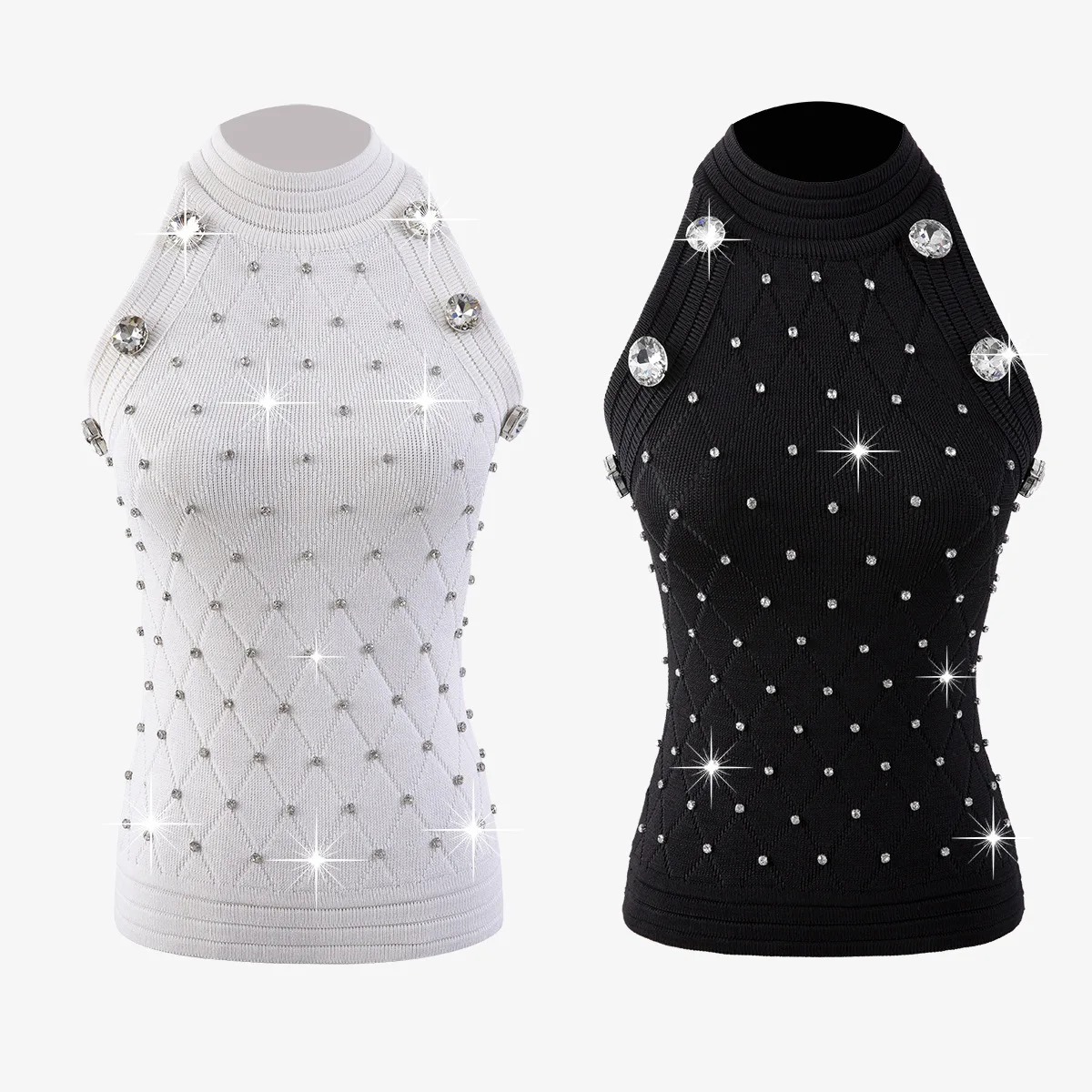 

Spring Personalized Women'sslim Diamonds Sleeveless Knitted sweater Vest Women O-neck Solid Color Pullover Tops Ee12