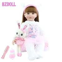 60cm soft silicone reborn toddler baby girl doll toys lifelike vinyl dress up with rabbit long hair princess bebe birthday gift
