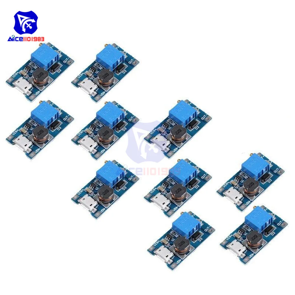 10 шт. MT3608 DC-DC 2-24 В до 5-28 в 6 в 12 В 24 В 2A Повышающий Модуль преобразователя микро-usb интерфейс регулируемый потенциометр 3296