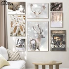 Скандинавский зимний пейзаж рождественские картины на холсте и плакаты олень лес Замороженные листья живопись белка Снеговик камин картины