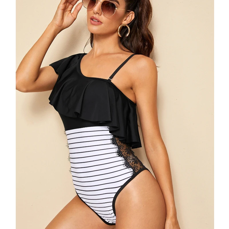 Сексуальный кружевной слитный купальник на одно плечо с оборками женский 2020