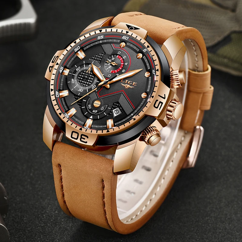 2020 LIGE Топ люксовый бренд Мужские Аналоговые кожаные спортивные часы мужские