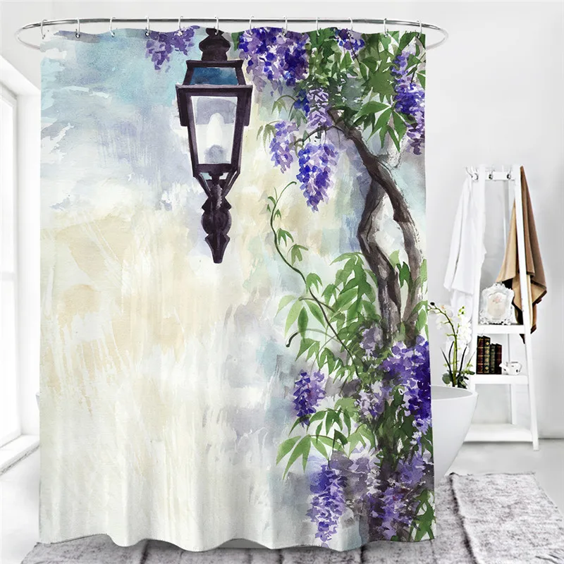 

Shower Curtains Flower Birds Printed Waterproof Fabric Natural Scenery Polyester Bathroom Screen Shower Home Decor with Hooks