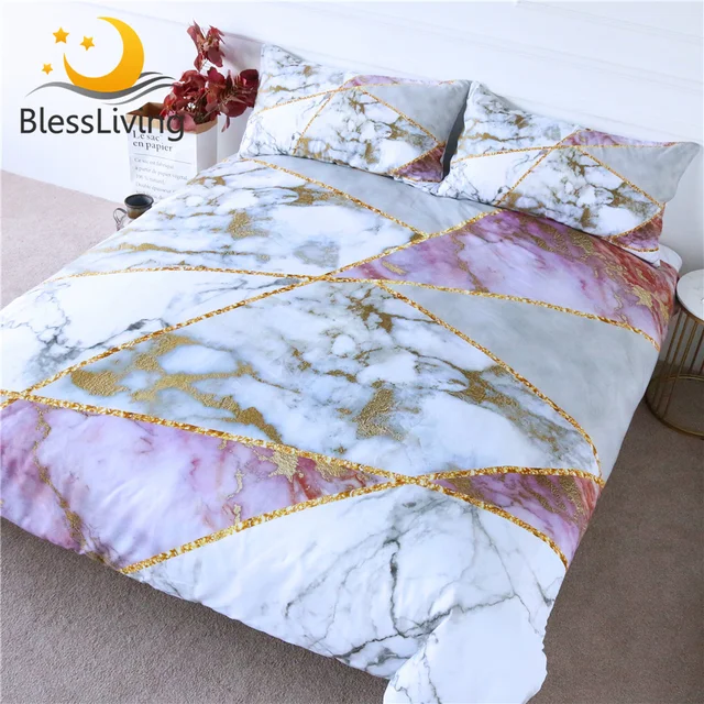 BlessLiving Marble Texture Bedding Set Geometric Golden Lines Duvet Cover Pink Girls Bed Cover Luxury Bedspreads Dropshipping 1