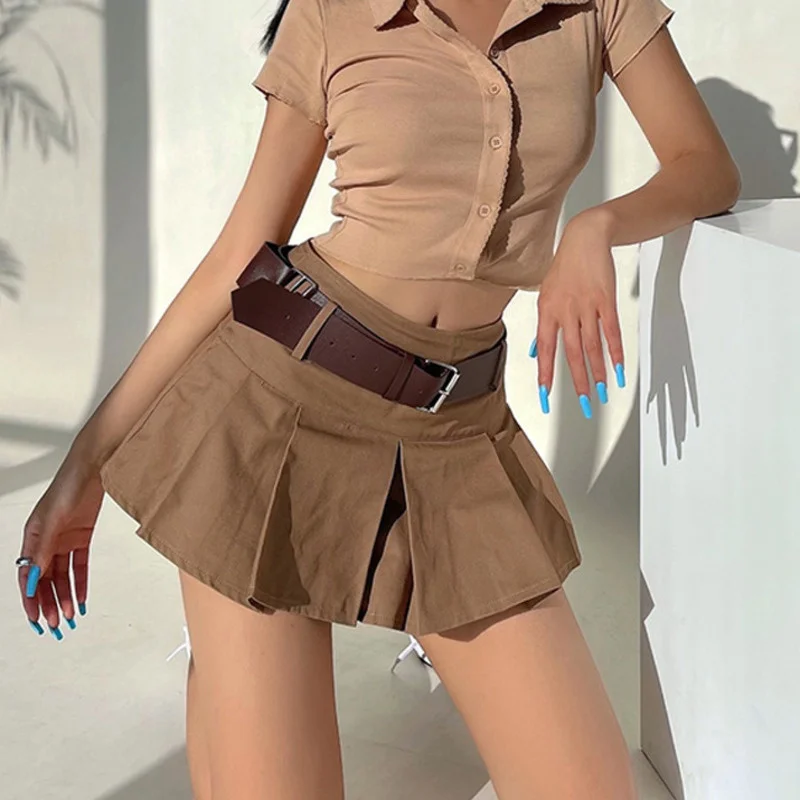 

WOMENGAGA Summer Sexy Miniskirt A-line Skirt Short Pleated Belt Skorts Women's Fashion Boho Y2K US Girl Female M12U