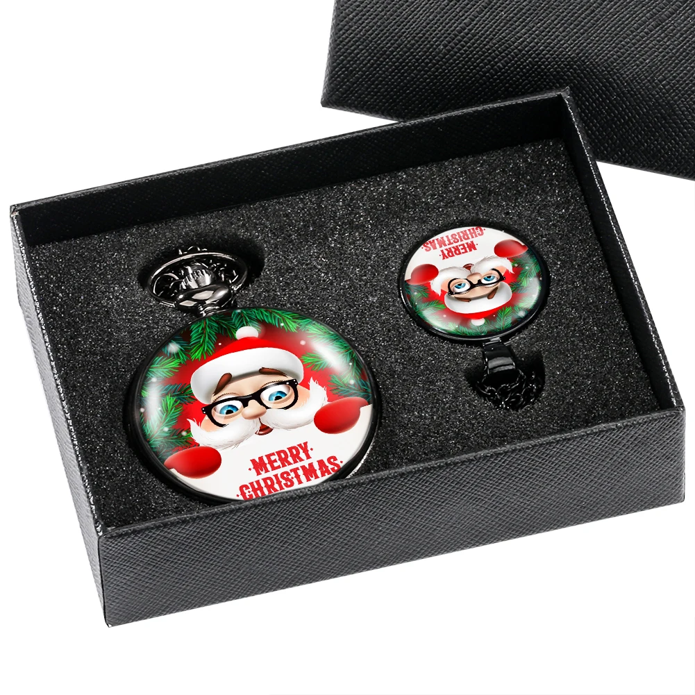 Pocket Watch Suit Santa Claus Quartz Black Pendant Clock Arabic Numerals Dial Necklace Alloy Necklace Gifts Box for Son Kid
