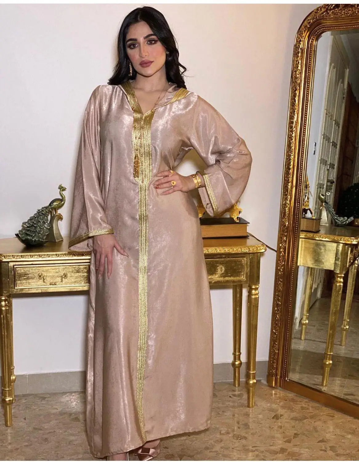 Muslim Abaya Arabic Dresses Embroidery Hijab Fall Golden Ribbon African Dashiki V Neck Long Sleeve Maxi Dress Turkish Clothing | Женская