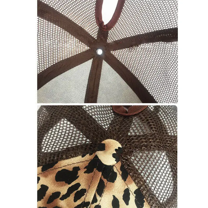 

Summer Unisex Fashion Casual Newest Leopard Grain Glitter Patchwork Adjustable Mesh Trucker Ponytail Baseball Cap Outdoor Visors