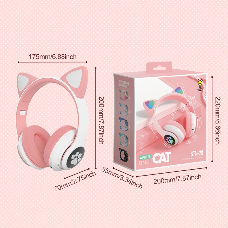 

RGB Cat Ear Headphones Bluetooth 5.0 Bass Noise Cancelling Adults Kids Girl Headset Support TF Card Casco Mic Gift Bracelet