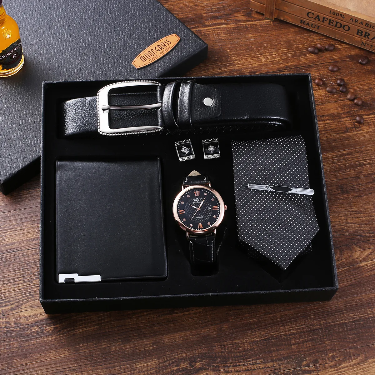 

5pcs / set men's boutique luxury gift set belt + Wallet + tie + large dial quartz watch + cufflinks, gift for boyfriend