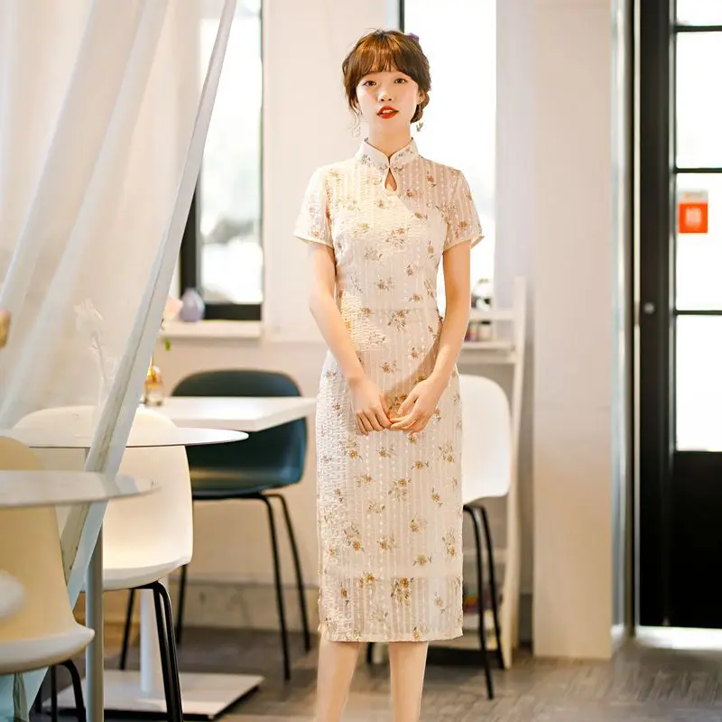

Beige Print Flower Chiffon Lady Chinese Traditional Dress Sexy Vintage Button Qipao Elegant Slim Cheongsam Mid Length Vestidos