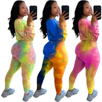knitted ribbed tie dye print women set long sleeve sweater legging pants set active clothes tracksuit two piece outfits