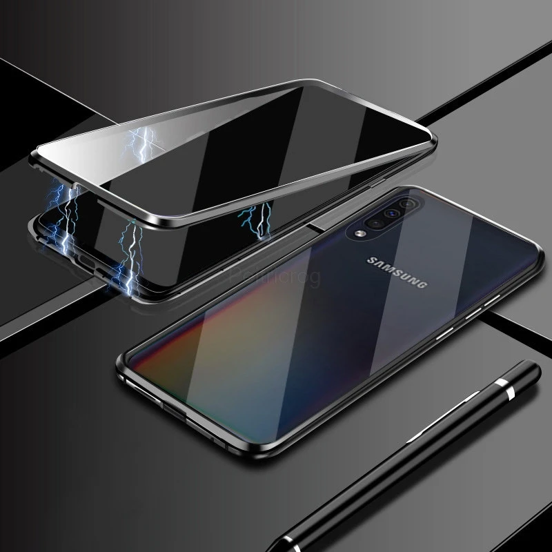 Black Магнитный металлический чехол для samsung Galaxy Note 10 Pro 8 9 S10 S9 S8 плюс A7 A8 A9 A10 A50 A70 A20 A30 Двусторонняя стеклянная крышка - Цвет: Black