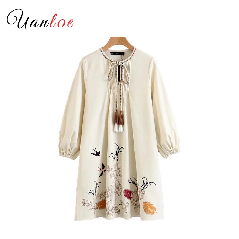 Vintage Floral Embroidery Straight Dress Tassel Tie O Neck Pleated Ladies Summer Fashion Mini Dresses Vestidos 2019 | Женская одежда