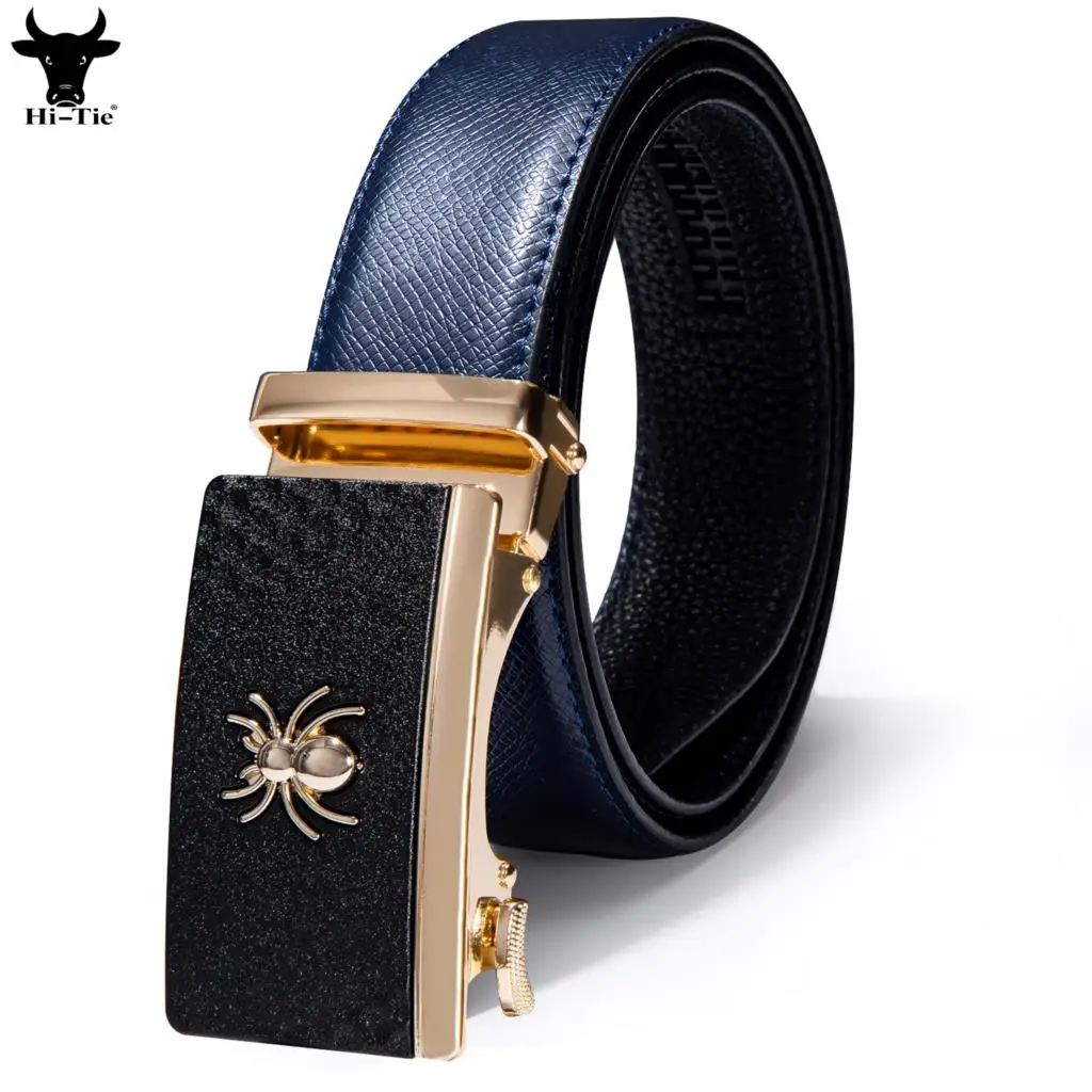 

Hi-Tie Gold Spider Automatic Buckles Mens Belts Navy Blue Genuine Leather Ratchet Waistband Belt for Men Cowboy Wedding Business