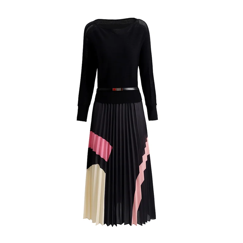 

Spring And Autumn New Hollow Out Round Neck Long Sleeve Dress Slim Stitching Elastic High Waist Mid-Calf Pleated Dress With Belt