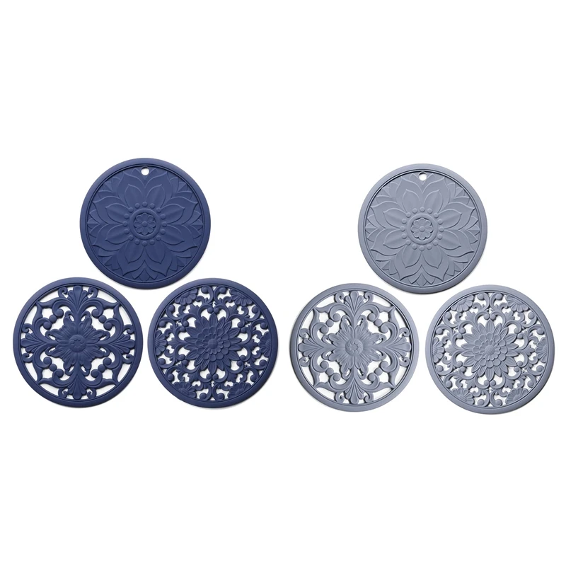 

2 Set Silicone Mat Set with 3 Pattern Designs, Hot Pot Holder Hot Pad, Heat Resistant Trivets, Blue & Gray