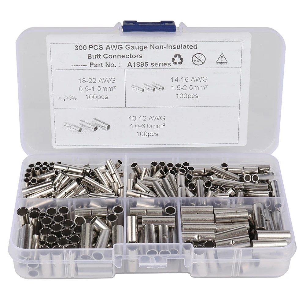 

Hot 300Pcs Non-Insulated Butt Connectors Gauge Seamless Uninsulated Electrical Wire Ferrule Cable Crimp Terminal Kit X66