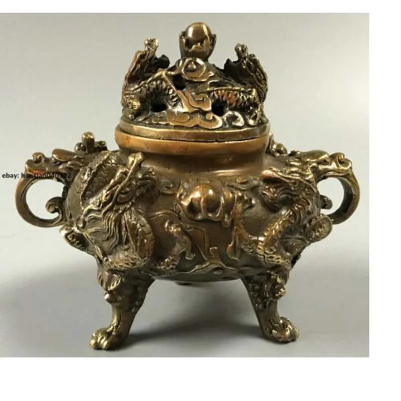

China Brass carved Two Dragons Play Bead Incense Burner Censer Statue