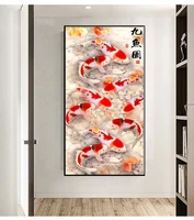 chinese style abstract nine koi fish lotus canvas oil painting poster feng shui wall art painting living room home decoration