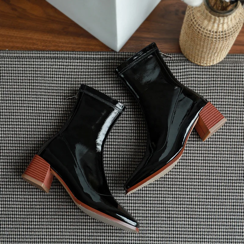 

2020 new boots square head short boots women's autumn patent leather boots thick heel socks shoes elastic boots thin