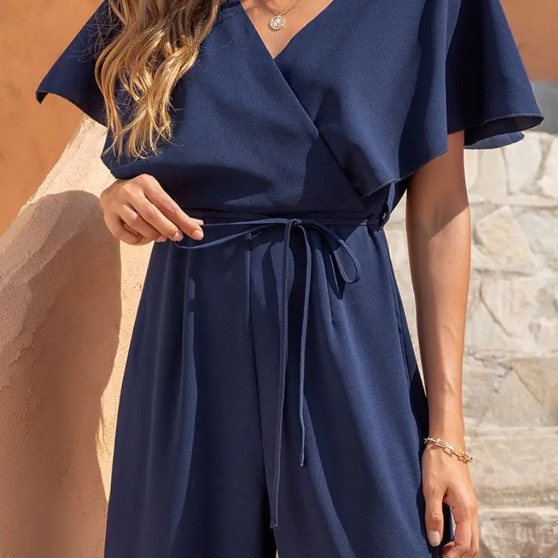 

EleeMee 2021 Casual Jumpsuit For Women Solid Color Short Sleeve V Neck Lace Up Rompers Wide Leg Fashion Elegant Size S-Xl