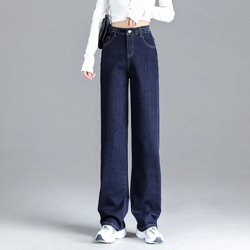 

Winter Straight Wide Leg Jeans Women High Waist Pockets Zipper Blue Vintage Fleece Denim Streetwear Female Casual Pants